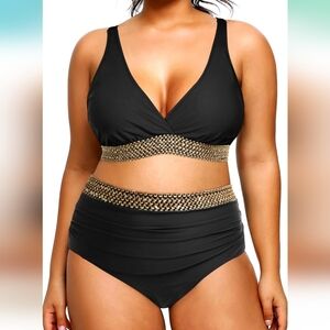 YONIQUE PLUS SIZE High Waisted 2 Piece Black and Gold Women's Swimwear